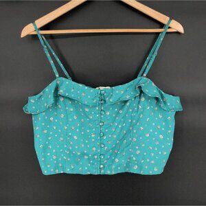 American Eagle Women's Ditsy Floral Crop Top L Teal Linen Blend Feminine Y2k